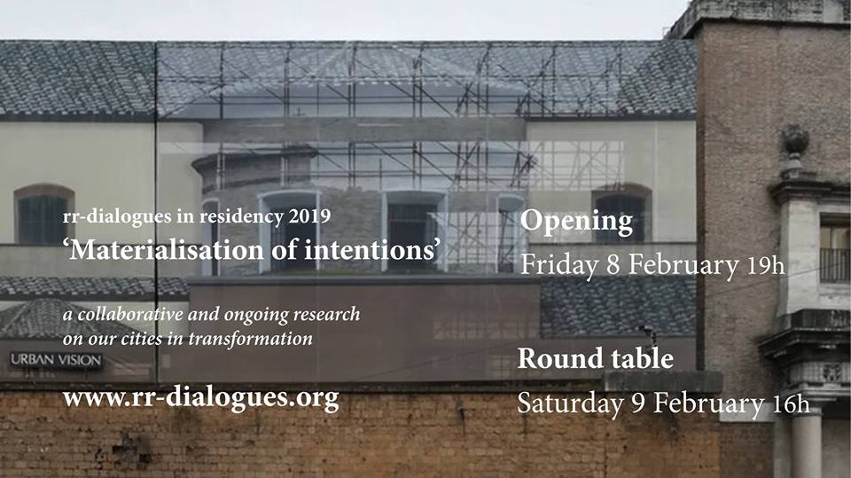 'Rotate and change the perspective'  This is the first of eight events that rr-dialogues will organise during a one-year residency at Kulturfolger, Zürich.  rr-dialogues is the collaborative research platform of architecture collective rotative research, founded in november 2017 by architects Alexandra Sonnemans and Caterina Viguera (based respectively in Rotterdam and Zürich).   The platform exists in parallel to their work practice, with the aim to expand and exchange knowledge on a variety of architectural topics. The first topic ‘Materialisation of intentions’ has been ongoing since april 2018 on the digital platform:  www.rr-dialogues.org.     MATERIALISATION OF INTENTIONS Within the 'city in transformation' we find a wide range of large scale publication methods that inform us about the new developments that re-shape our cities. These temporary infrastructures offer a wide spectrum of readings and become suggestions for us to imagine the potential impact on site.   What is the relation between intentions and their materialisation on site?    Since the platform's launch in april 2017, over twenty-five authors from different disciplines and cities have joined, combining theoretical, artistic and empirical research.  Pavle Stamenovic , architect and Phd candidate based in Belgrade, is a 'special guest editor'.   'rr-dialogues in residency 2019', will use the space of Kulturfolger every 6 weeks, to develop and implement the 'dialogues' into a growing exhibition, including spatial installations and open round tables with special guests.   Join us!   NEXT UP:  8 February 19h: OPENING by Alexandra, Caterina and Pavle, followed by a PRESENTATION &amp; DRINKS 9 February 16h: OPEN ROUND TABLE &amp; WORKSHOP  __ For more information, please visit the interactive website:  www.rr-dialogues.org  Website developed together with  Josef Alexander