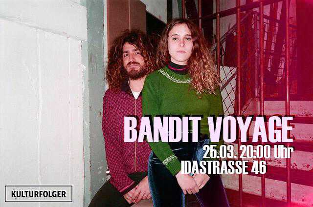Robin Arthur Girod, in der Szene schon länger als legendärer Musiker diverser Bands wie Duck Duck Grey Duck oder Mama Rosin bekannt, formt mit Anissa Cadelli ein eigentümliches Duo, welches uns mit ihrem Projekt Bandit Voyage ein kurzweiliges Eintauchen in den Lo-Fi Kosmos der beiden Weltenbummler erlaubt. Zur Drum-Machine Begleitung wird auf Französisch und Englisch gewispert und gesungen. Das Sonntagabendkonzert im Kulturfolger gibt uns schon mal einen Einblick in ihr in Kürze auf Girod's eigenem Label Cheptel Records zu erscheinenden Album, 'Le Gang'.  Eintritt frei für Sonntagabendträumer. Und für alle Anderen auch.  Bar 20:00 Uhr. Show 20:30 Uhr.   https://www.youtube.com/watch?v=KMYVaLq6dvs   https://www.youtube.com/watch?v=ic6DbPv8OF4