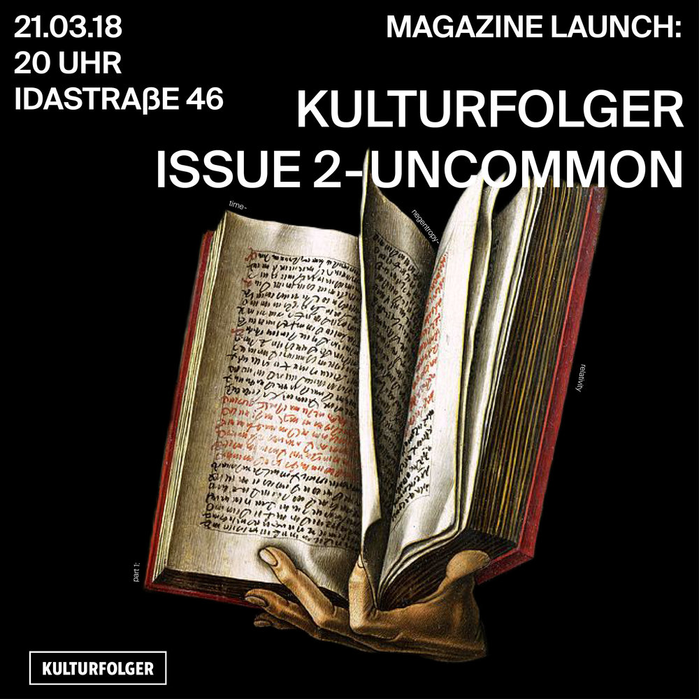 Making a publication shows a certain decadence that is suited to art. It needs to be abstraction, it is necessary to celebrate abundance, the beauty of the world, the beauty of the mind, in an uncommon way.  And we have finally made it - our long-awaited Issue 2 is finally out!  Contributions by: Baggenstos &amp; Rudolf, Delphine Chapuis-Schmitz, Piero Good, Roxy Grand, huber.huber, Dominic Oppliger, Catherine Schelbert, David Schildberger  Graphic Design: Martin Mur  - Join us for a talk, poetry reading, insect tasting, and a dancing night!  20:00 - Talk: Murmuring Uncommon - 20:30 - Reading:  Delphine Chapuis-Schmitz Roxy Grand Dominic Oppliger David Schildberger - Insect Apéro! - After 21:00 - smooth dj tunes
