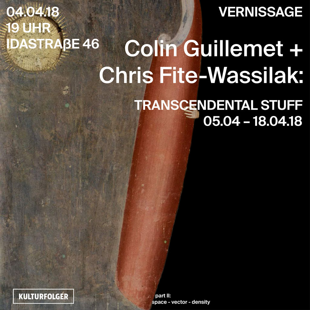 Chris Fite-Wassilak is a writer and critic based in London. He is a regular contributor to Apollo, Art Monthly, Art Papers, ArtReview and frieze. He is a contributing editor of ArtReview, and co-organiser with artist Anne Tallentire of the event ‘hmn’. His short book of essays, Ha-Ha Crystal (2016) is published by Copy Press.  Colin Guillemet is an artist based in Zurich. He makes works wherever and any which way sculpture and conceptual approaches happen to meet; and is generally fond of the space which opens up when the viewer understands something but doesn’t yet understand what he or she understood. His work has been shown internationally, including recently in Dienstgebaude, Zurich; La Sécu, Lille; Aksioma Institute for Contemporary art and Galerija Skuc, Ljubljana; and Ha Gamle Prestegard, Stavanger, Norway.  Transcendental Stuff will be presented:  a) as a contract between (i) sender and receiver, (ii) form and content; b) and as an entity embodying all instances of interaction thereof.  Abiding to the following statutes, Transcendental Stuff: (c) will contain all projections, interjections and objectifications within the timeframe of fourteen days; (d) cannot be taken as the last word on the subject matter; (e) cannot be used as a precedent or evidence. All equivalences between unfolding, exuberance and elevated states – of any kind – will remain subject to discretionary confidentiality between all respective parties as outlined in a) (i) and a) (ii).