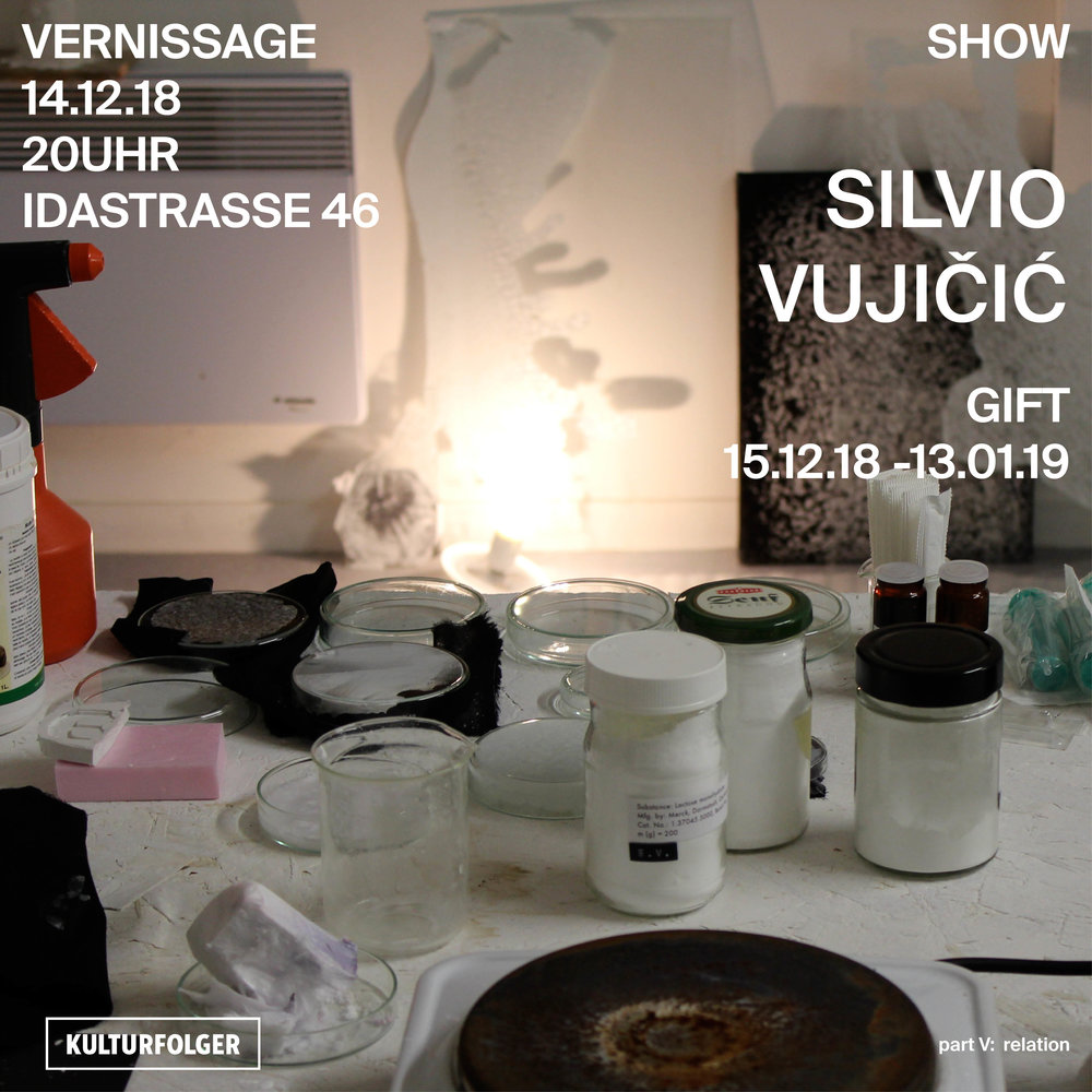 A Gift by Silvio Vujičić has a capacity to detect and provoke the many meanings of the gift. It is crystallization and sublimation. A hazardous dose of crystalline xanthine alkaloid, better known as caffeine, one of the strongest unregulated psychostimulant on the market in a form of five artifacts. Positioned on heating plates, artifacts are vehicles. They facilitate the transformational activity of whose essence we can say nothing more than that it is immense in its potential, certain crystallization between pleasure and accident. While heated, the sculptures saturate the atmosphere of Kulturfolger space induced by sublimation of 99% pure caffeine crystal. Now, for only one night we are gifting you with stimulation, pleasure and invigoration only while you are breathing. Don’t despair; the antidote is in the gallery window, neither inside nor outside. A crystalline structure of Potassium Ferricyanide (III) whose figure is tentatively assembled, frozen at a specific moment in the process of its materialisation. This chemical compound, as story goes, was initially used in the production of ultramarine dyes known as Prussian Blue. A beauty used in painting as a cure to radioisotope poisoning.        A poison, and a gift, or both? It’s up to you.      You are welcome.