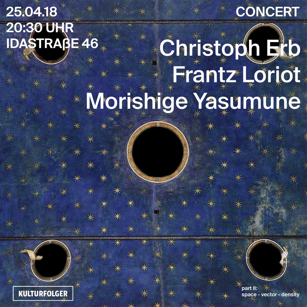 Christoph Erb  tenor and soprano saxophones / bass clarinet / improviser / music presenter Born in Zurich, Switzerland in 1973. Erb performs regularly in Europe and the U.S with many musicians including: Jim Baker, Fred Lonberg-Holm, Michael Zerang, Jason Roebke, Jason Adasciewicz, Josh Berman, Keefe Jackson, Tomeka Reid, Frank Rosaly, Nate Wooley, Jamie Branch, Jeb Bishop, Paul Lovens, Hans Koch, Urs Leimgruber, Peter Schärli, Julian Sartorius, Christian Weber, Frantz Loriot and many others. In 2007 he has formed his own Label veto-records, and 2011 after a four month residence in Chicago the sublabel veto/exchange. Via veto/exchange he also documented those collaborations—his ongoing Exchange series includes sixteen titles so far, all with artwork by Chicago design duo Sonnenzimmer. 2012 he received the Culture Award from the City of Lucerne. There are more than 20 albums to his credit.  www.erb.li   www.veto-records.ch/exchange   Frantz Loriot  French-Japanese violist Frantz Loriot performs solo as well as in various ensembles by way of improvisation and electronics, crossroads of different musical genres: improvised music, experimental, rock, contemporary music and electronics. He has contributed to multidisciplinary projects related to dance, image and poetry. Frantz Loriot leads two large ensembles, the European Notebook Large Ensemble (10 piece ensemble) and the NYC based (12 piece) Systematic Distortion Orchestra in which Frantz reunites some of the finest NYC based improvisers. Frantz Loriot performs regularly in Europe, USA and Japan and appears on records released on international labels such as (a.o.) Clean Feed, Creative Sources, Intakt, Peira, FMR, Sickcore, Edible Onion, Komma Null, Klein, Neither/Nor, OutNow, Intonema etc.  www.frantzloriot.com   Morishige Yasumune  As one of Japan's most unique voices of the cello, improvising musician Morishige Yasumune continues to collaborate with a wide array of dancers and musicians both in Japan and around the world. His improvisational approach looks to extend the cello's sonic possibilities, expanding the vocabulary of the instrument into rich unexplored territories. In addition to his improvisational work, he also composes his own vocal works, accompanying his voice with either cello or piano.  www.mori-shige.com   Door open 20:00 UHR Concert: 20:30 UHR Entry free with Kollekte  