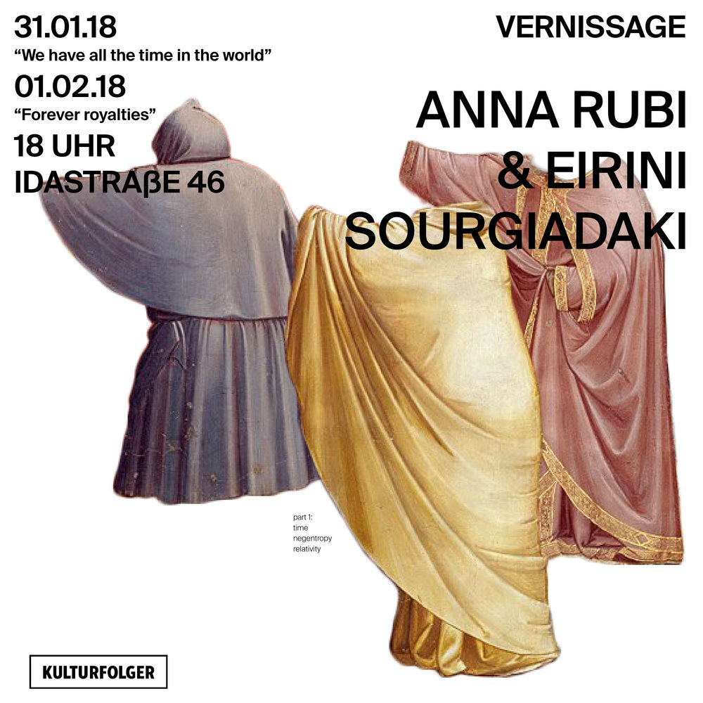 Anna Rubi and Eirini Sourgiadaki became an artistic duo in 2015. Experimentation plays an important role in their work with a focus on unusual narration modes, balancing between fiction and reality and the use of multiple platforms. They met in Zurich while studying Transdisciplinarity in the Arts (ZHDK). Since then they share their interest in culture hacking and travelling to uncommon and common places - mental and geographical ones. Works they realized together have been presented in the Z+Showroom ZHdK (Zurich, 2016), the London Biennale Manila Pollination (Manila - Berlin, 2016) and MyMuseum (Budapest, 2017)  In Kulturfolger they present one video triptych per day, respectively on the topics on Waiting (Time) and Empathy (Luxury), “We have all the time in the world” and “Forever Royalties”, both realized through a complex and restricted way of storytelling.  In the 24hrs Project, they present the two triptychs alongside a third work called “We buy gold ltd” which takes the form of a series of five prints, which tell a metaphorical success-and-failure story about the gold market in the Europe of crisis.   Anna Rubi completed her bachelor studies in the Moholy-Nagy University of Art and Design in the media design in Budapest. After receiving her diploma, she was awarded with the Swiss Government Excellence Scholarship. In 2015 she graduated from the Zürich University of the Arts in transdisciplinary art (MA). She is a member of FKSE (Studio of Young Artists’ Association) and has been working in the field of video art, film and performance. At the moment she is collaborating with Hungarian Civil Liberties Union as a documentary film maker.  Eirini Sourgiadaki holds a BA in Sociology and a MA in Cultural Management from Panteion University of Social and Political Science in Athens. She has also studied Greek and English/American Poetry and has been trained as a dancer. In 2017 she graduated from MA Transdisciplinarity in the Arts, awarded with the Hirschmann Stipendium, ZHdK Fonds Design &amp; Kunst and the ZHdK Avina Fonds with her project “Metaphorai”. Between 2010 and 2017 she has published four books (fiction, poetry) in Athens and Zurich. She is collaborating with the Theaterhaus Gessnerallee Zürich for her event series “The Analog Session” and since November 2017 she is a PhD candidate by Prof. Giaco Schiesser (ZHdK / Kunstuniversität Linz)