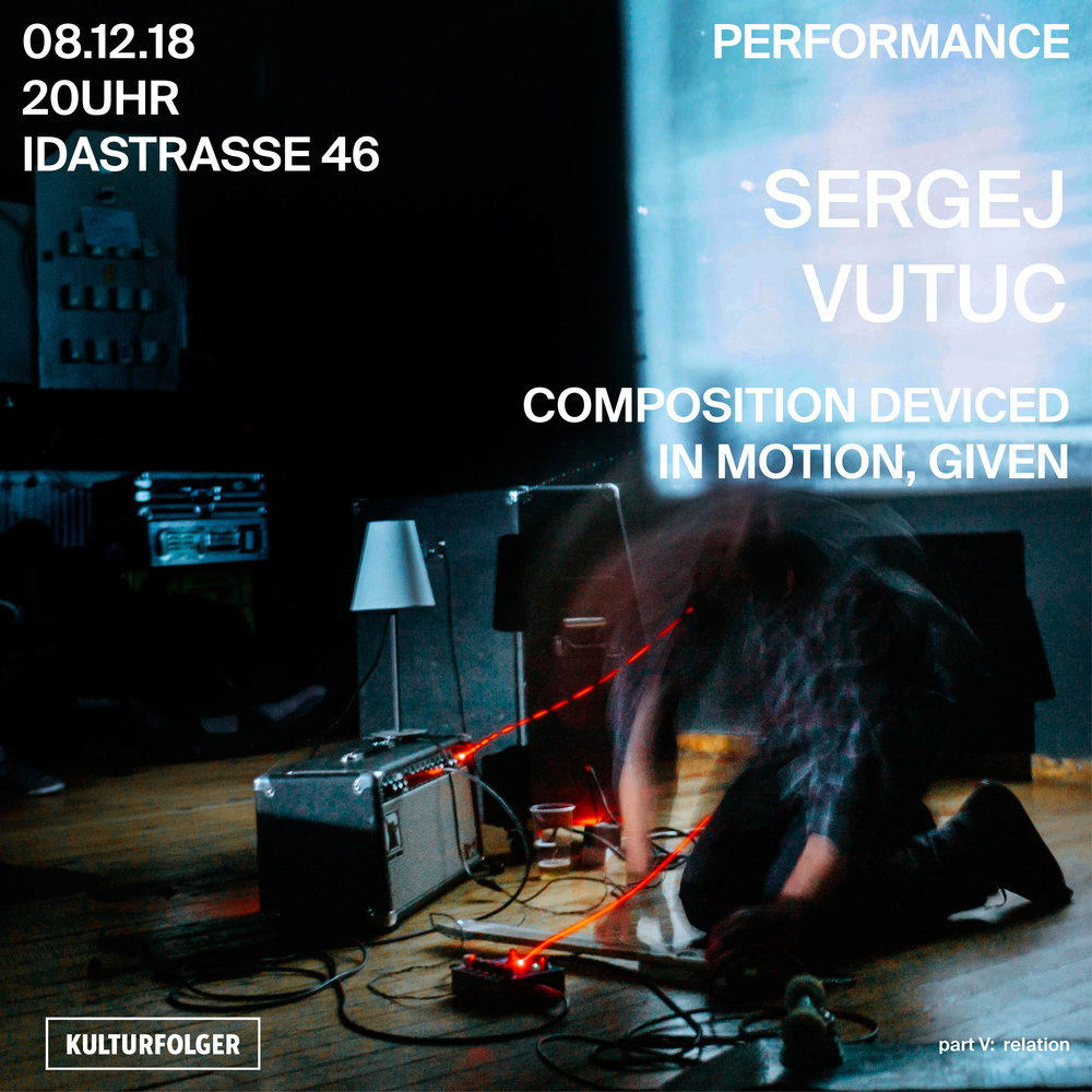 ABOUT:  Performance COMPOSITION DEVICED IN MOTION, GIVEN deals with absorbing and linking multiple directions of magnetized information by forming a sound landscape. The performance is grained with visual take of reality by projection of a super 8 film in motion controlled by coincidence of paths and moment. The video is realized as spontaneous combination of moments inside a camera; it is an interaction of a trigger, motion, light and objects in between, and collection of fragments. It’s an endless rearrangement of reality, over and over, as necessary as a process itself, creating an ever-shifting landscape.     BIO:  Since the mid 1990s Vutuc has been engaged in the punk and skateboarding community and the aesthetics and philosophies of these DIY-cultures have granted his work a distinct character. Skateboarding is an undeniable part of all this, but the board here might better be understood as a vehicle, than a sporting tool or past time. Vutuc’s work reaffirms that the skateboarder is not a detached voyeur of urban modernity. He has to constantly engage with his environment, reinvent and make new use out of it. His gaze, like Vutuc’s, is a nomadic one. It is always searching for things that are usable, beautiful or just plain fun, things he can invest himself in. These fragments become the raw material for stories the „mouth can never say,“ stories privileged for the eye. (Galerie Michael Janssen)   www.sergejvutuc.com