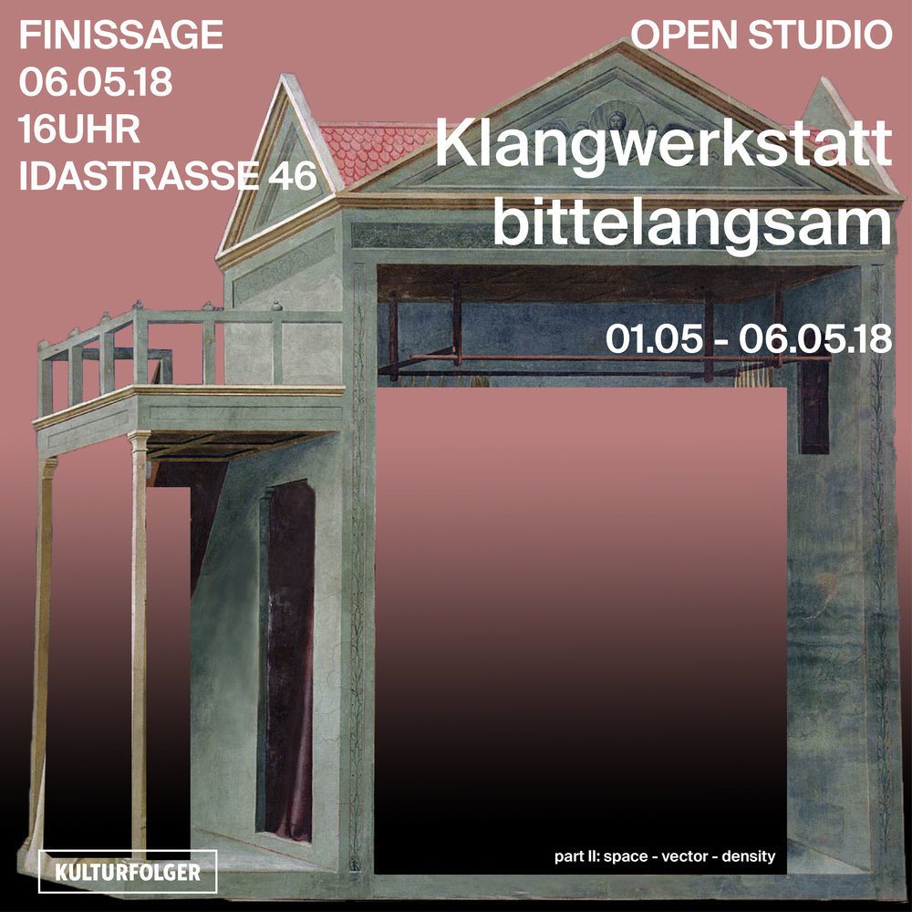 Klangwerkstatt Während fünf Tagen betreibt bittelangsam im Kulturfolger eine experimentelle Klangwerkstatt, welche ganz dem Ausstellungsraum selbst gewidmet ist. Die Frage nach der Abbildbarkeit von Räumen steht im Mittelpunkt der Untersuchungen und bildet den Auftakt für das Ausstellungsthema „Space – Vector – Density“. Mit dem Medium Klang wir ein sinnlich, erlebbares Abbild generiert, in welchem verschiedene zeitliche Momente, sowie unterschiedliche atmosphärische Element verschmelzen. Der Geist des Kulturfolgers, seine Vergangenheit und Präsenz wird eingefangen und in einem multimedialen Abbild gebündelt. Tonaufnahmen, die im Vorfeld während diverser Veranstaltungen im Kulturfolger gemacht wurden bilden das Ausgangsmaterial. Während der Klangwerkstatt wird nach Möglichkeiten gesucht, diese über verschiedene technische Mittel mit den aktuellen Sinneserfahrungen in Beziehung zu setzen. Lichtsensoren, Drucksensoren und Mikrophone werden die Bausteine bilden, welche den Raum über sein visuelles Abbild hinaus ausweiten und ihn selbst zu einem Instrument werden lassen. Die Klangwerkstatt im Kulurfolger bildet den Auftakt einer Experimentierreihe von Andrea und Heiko, welche Teil ihrer gemeinsamen Masterarbeit sein wird.    bittelangsam  Seit 2017 arbeiten Andrea Züllig und Heiko Schätzle zusammen unter dem Namen «bittelangsam». Ihre Projekte bewegen sich zwischen Kunst und Design, zwischen Spontanität und Langfristigkeit, Ortsbezogenheit und Universalität. Mit der Intention diese Schnittstellen zu untersuchen übertragen sie Wissen und Denkstrukturen auf neue Kontexte und Umgebungen. Ihre Arbeit widmet sich dem Entdecken und Wandeln von sinnlichen Ereignissen in eine räumliche, ästhetische Erfahrung. Auf einer sphärischen, nonverbalen Ebene untersucht und kreiert bittelangsam Raum und Klang, Ästhetik und Kultur. Andrea Züllig studiert Integrative Design im Masterstudio an der HGK Basel. Sie hat langjährige Berufserfahrung als selbständige Grafikdesignerin. Zusätzlich ist sie im Fotomuseum Winterthur im Ausstellungsumbau engagiert. Fasziniert von Zeichen, Sprache und Klängen, begeistert sie im Spiel mit den Grenzen des Übersetzbaren und der non-verbalen Kommunikation. Heiko Schätzle studiert im Master Transdisziplinarität an der ZHdK. Er arbeitete als Landschaftsarchitekt im Bereich Entwurf in unterschiedlichen Büros und Kontexten; studierte Philosophie und Kunstwissenschaft. Das Entdecken von Orten und Kulturen als Teil des Entwurfes inspiriert ihn, sich zwischen verschiedenen Diskursen und Disziplinen zu bewegen.  www.bittelangsam.ch