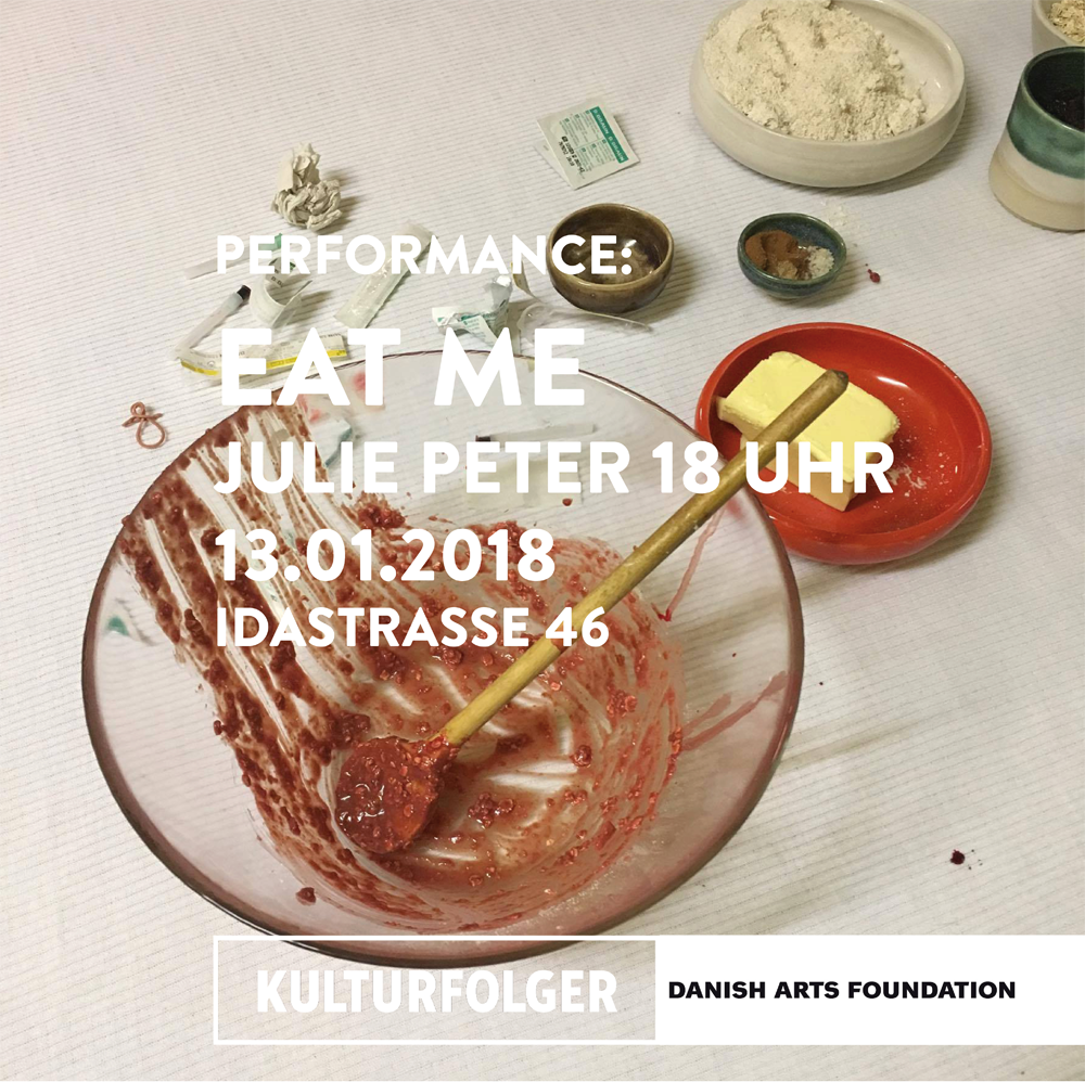 ABOUT: Eat me challenges social norms in a western society obsessed with diets and self-presentation. Eat Me starts with Julie Peter gets tapped for half a liter of blood. The blood is made in to a traditional Danish blood sausage, which is baked and then fried. The performance will end with a dinner where the audience will be invited to eat the blood sausage and there by be a part of the art work. Vacuum packed blood sausage will be on offer in the end of the performance.  Announcement: It must be stated that there are no health hazards associated with eating Julie Peters blood as it is fully cooked. In accordance to European law it is not illegal to prepare, handle or consume human blood.  BIO: Julie Peter (born 1985) is a danish artist based in Berlin, Germany. Her works explores the absurd in the normal through organic objects, moods and spaces, whose ironic distance is left as dreaming comments to the norms of everyday life. Her work challenges the binaries we continually reconstruct between Self and Other, between our own ‘cannibal’ and ‘civilized’ selves. She finds that the contradictions between believe and behavior reveals an inherent awkwardness, a humor that echoes our own vulnerabilities. Julie Peter has a BA from the Royal Danish Academy of Fine Arts’s and currently studying sculpture at the Weissensee Academy of Fine Arts in Berlin.  www.juliepeter.dk